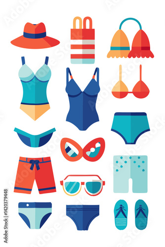 Colorful Beach Accessories: Swimwear, Hat, Sunglasses, and Sandals