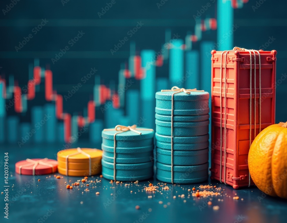 Stock Market Growth and Global Trade Concept with Gifts and Pumpkin