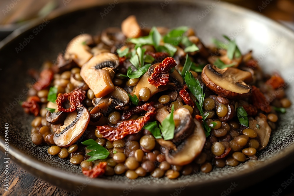 A Rustic Bowl of Lentils with Mushrooms and Sundried Tomatoes A Rustic Bowl of Lentils with Mushrooms and Sundried Tomatoes