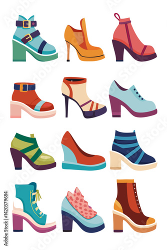 Colorful collection of women's fashion shoes illustration graphic