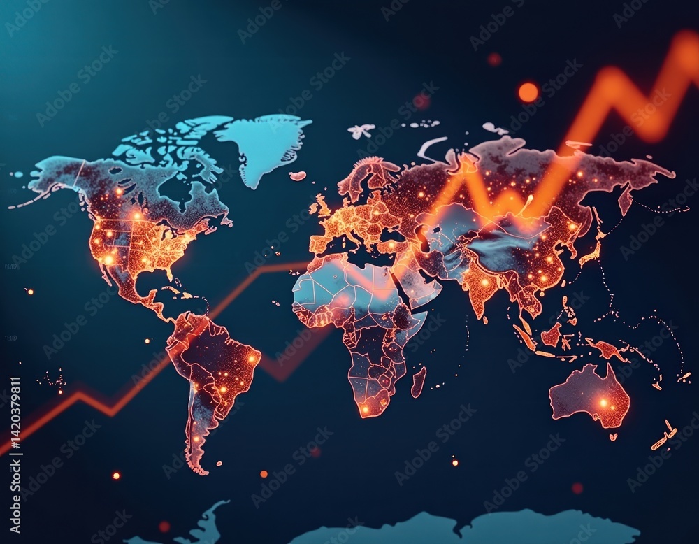 Global Network, World Map with Rising Graph, Digital World, Technology Background