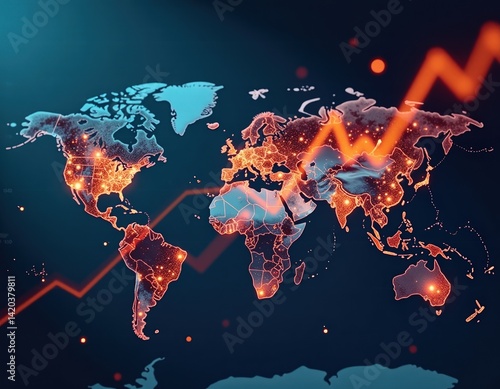Obraz na płótnie Global Network, World Map with Rising Graph, Digital World, Technology Background w salonie