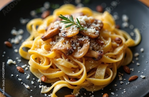 Close-up pasta dish with chanterelle mushrooms. Elegant main course meal served on a black plate, top view. Pasta noodles with cheese, nuts and rosemary, culinary design, lunch or dinner.