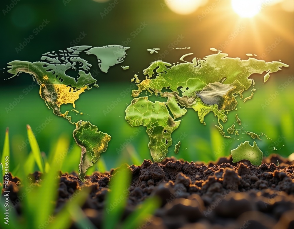 Global Sustainability World Map Emerging from Soil at Sunrise
