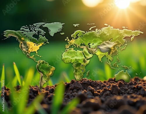 Obraz na płótnie Global Sustainability World Map Emerging from Soil at Sunrise w salonie