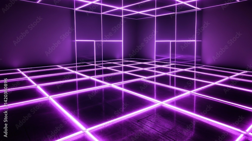 Obraz premium Neon purple gridded room, reflecting modern design.