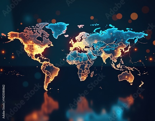 Obraz na płótnie Glowing World Map Global Network Connection, Digital Technology, International Business w salonie