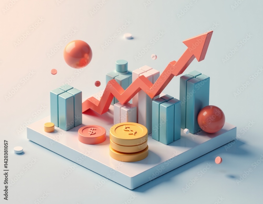 Upward Trend 3D Render of Growing Financial Chart with Coins