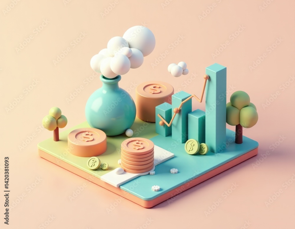 3D Render of Growing Business Profits and Investments