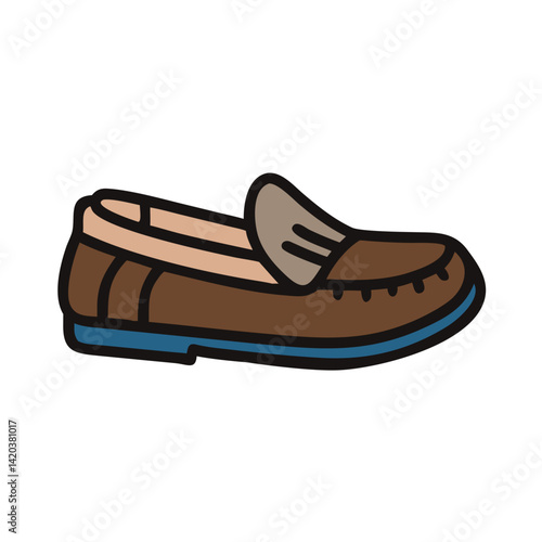 Brown moccasin shoe with blue sole on black background