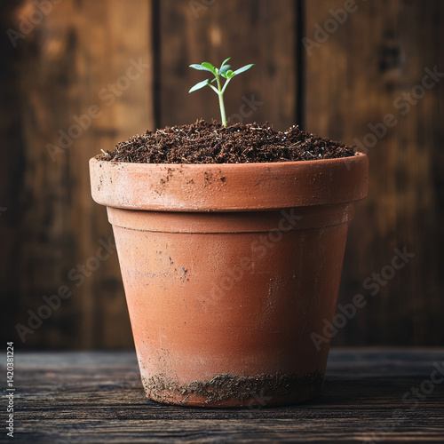 A terracotta flowerpot filled with rich soil
