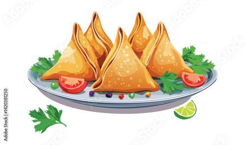 Samosa Platter Appetizer Food - Vector Illustration