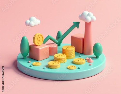 3D Render of Growing Investment and Financial Success
