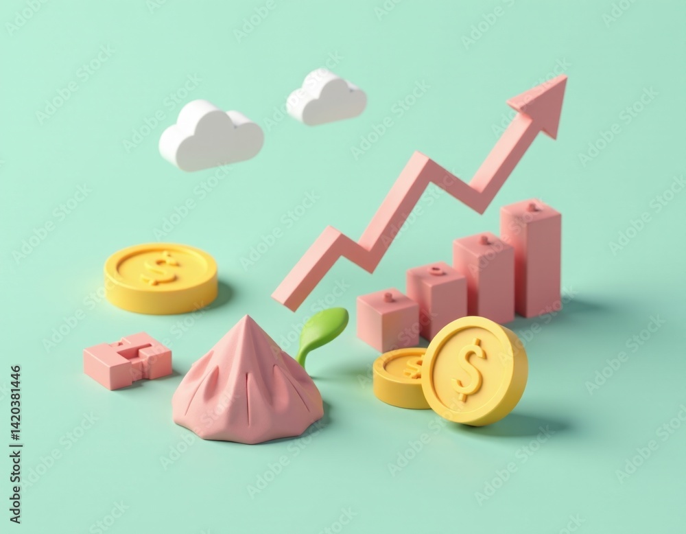 3D Render of Growing Business Investment and Financial Growth Concept