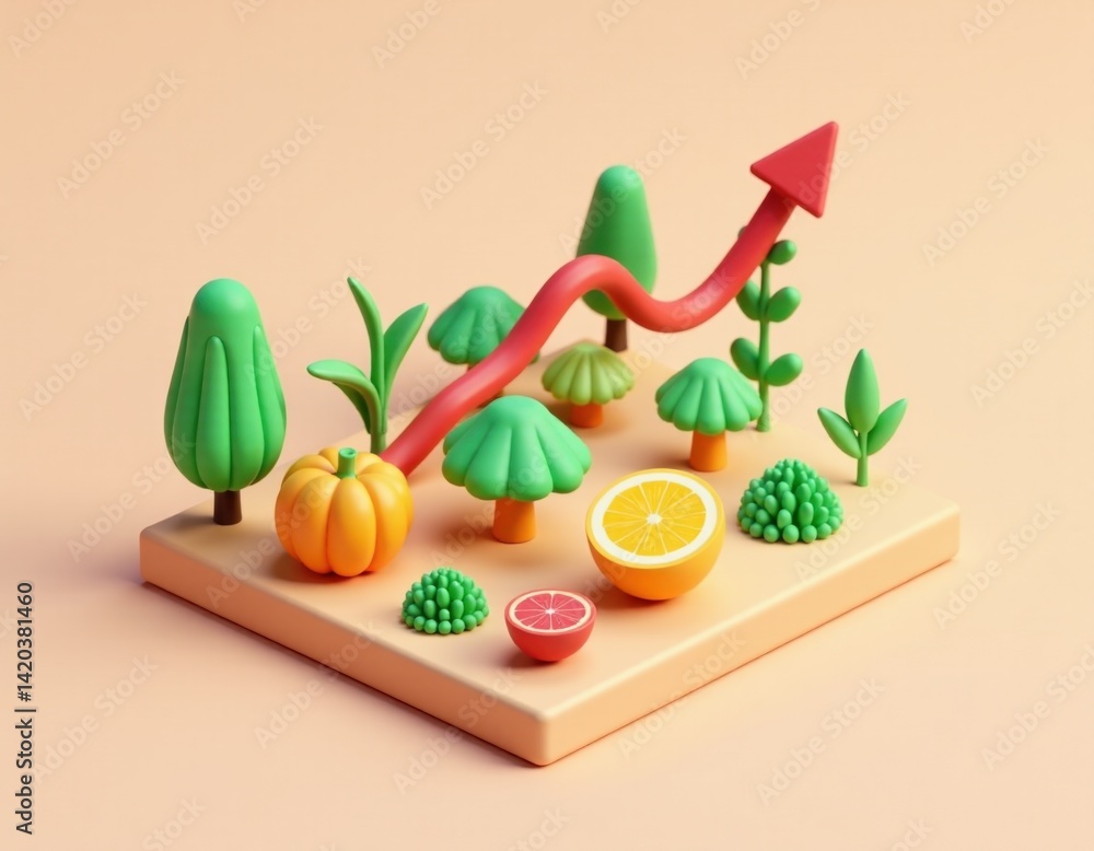 3D Render of Growing Organic Food with Upward Trend Arrow