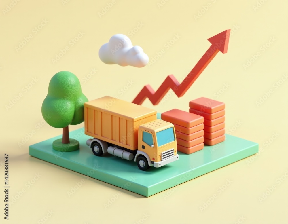 3D Render of a Truck with Upward Trend Graph, Representing Growth and Logistics