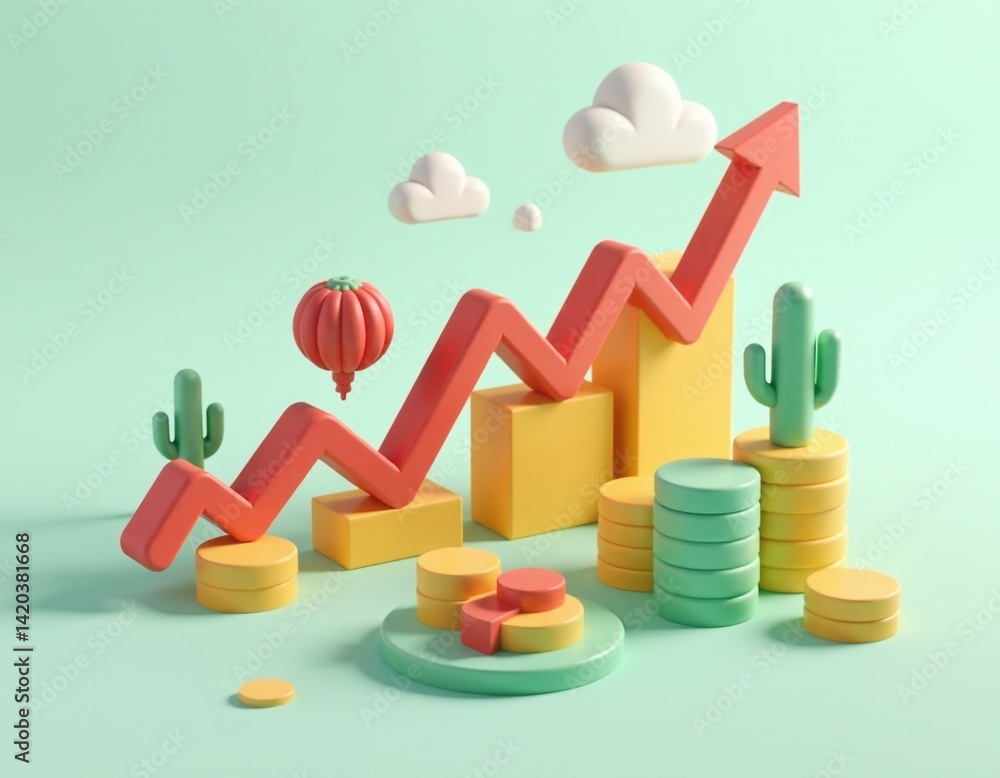 Upward Trend Graph with Cactus and Hot Air Balloon - 3D Render