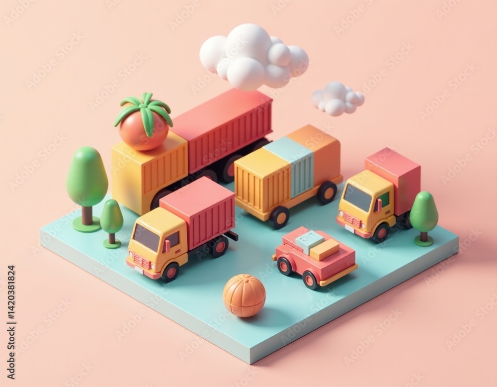 Cute Cartoon Trucks Delivering Fresh Produce on Pastel Background