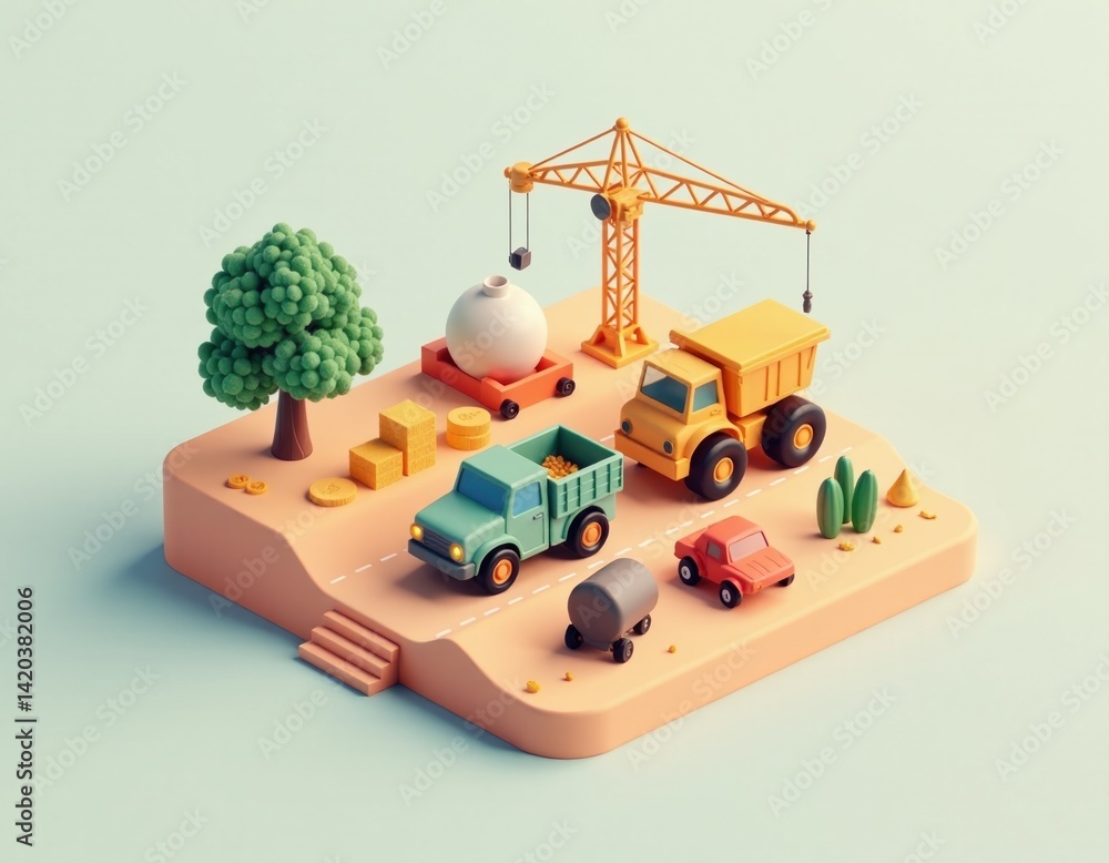 3D Render of Miniature Construction Site with Trucks, Crane, and Gold Coins