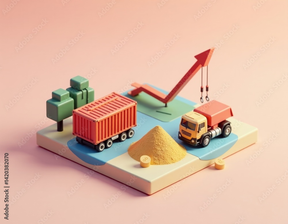 3D Render of Cargo Truck, Container, and Growing Graph - Business Growth Concept