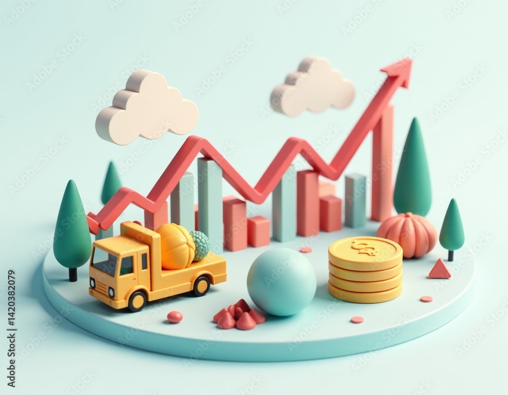 3D Render of Upward Trend Graph with Toy Truck Delivering Produce and Stack of Coins