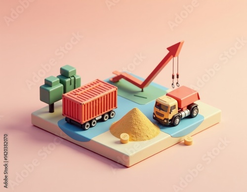 3D Render of Cargo Truck, Container, and Growing Graph - Business Growth Concept