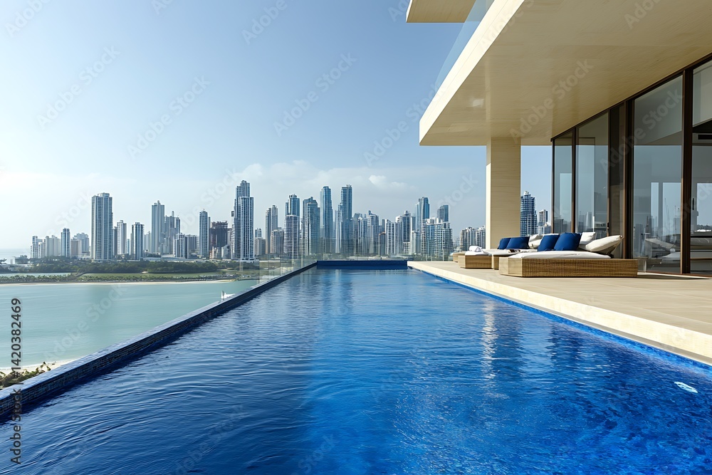 Obraz premium A luxurious infinity pool at a modern villa overlooks the Panama City , inviting relaxation and breathtaking views on a beautifully bright day.