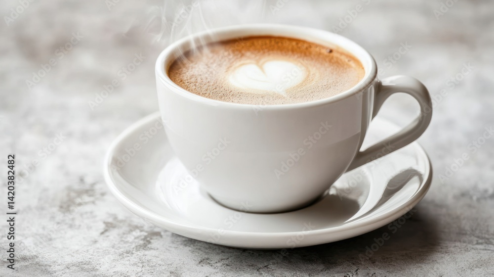 Hot Latte in White Cup on Marble Surface Hot Latte in White Cup on Marble Surface