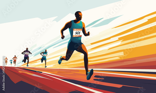 Dynamic Athlete Sprinting in Vibrant Track and Field Race Illustration