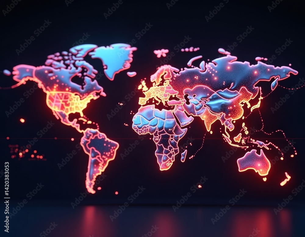Glowing Neon World Map Global Network Connection, Digital World, Technology Background