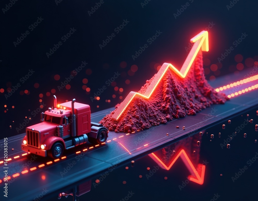 Red Truck Delivering Growth Neon Upward Trend Stock Photo