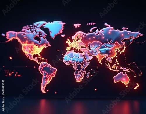 Obraz na płótnie Glowing Neon World Map Global Network Connection, Digital World, Technology Background w salonie