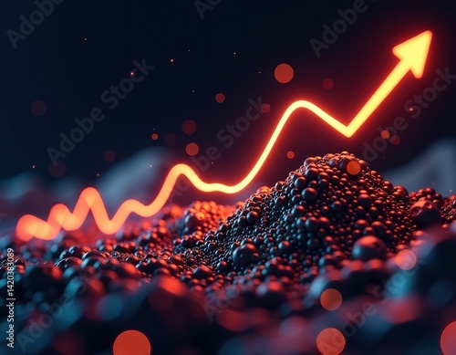 Abstract Neon Arrow Rising Above Sphere Landscape - Growth, Success, and Future Concept