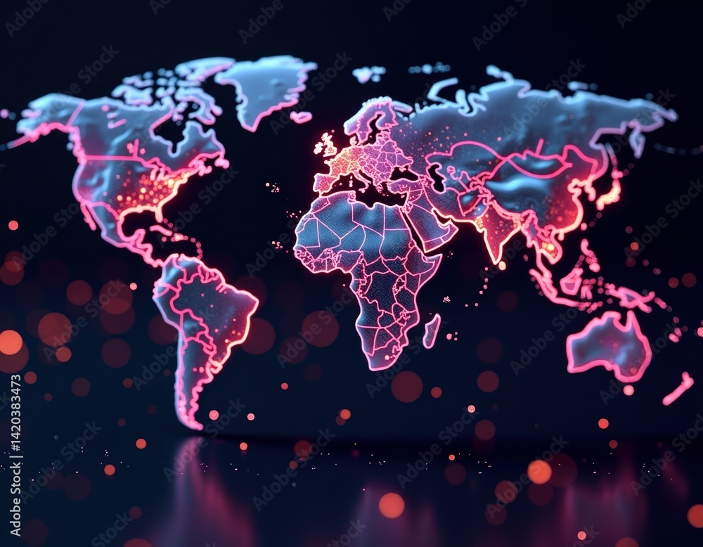 Global Network Connection, Illuminated World Map, Digital Technology Background