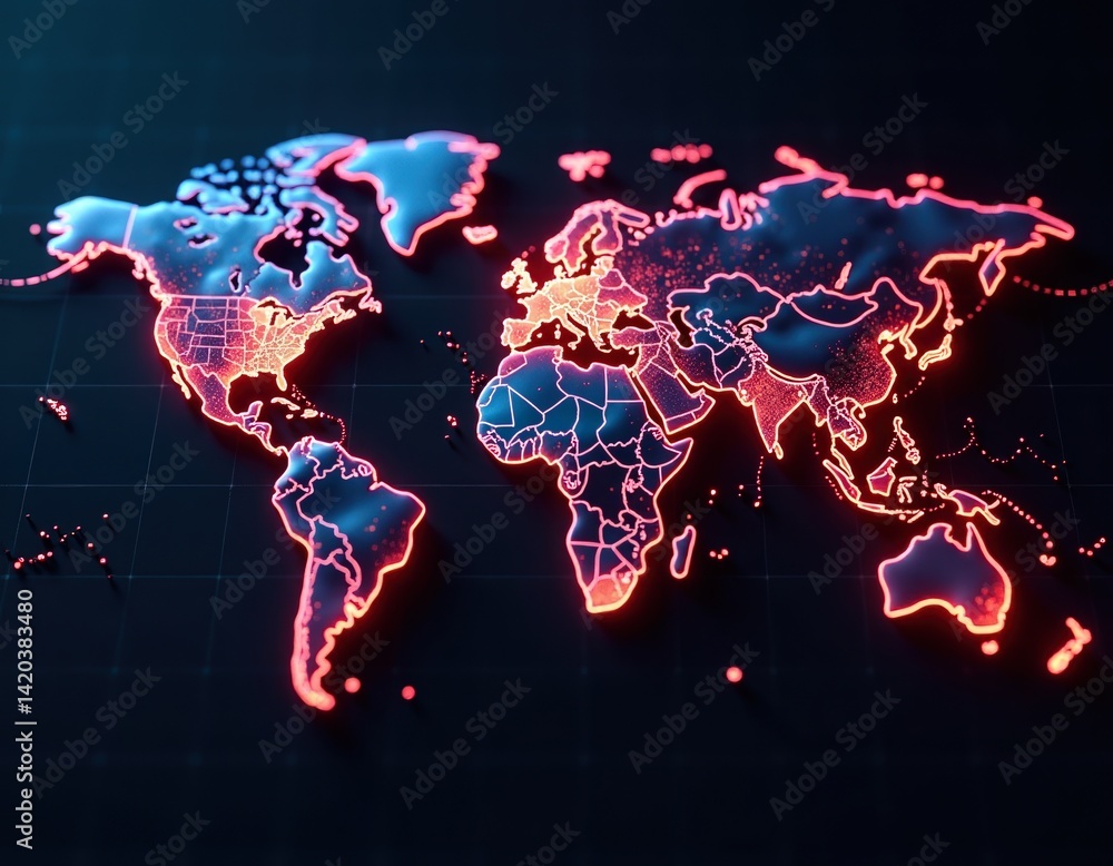 Global Network, Illuminated World Map, Digital Earth, Futuristic Technology