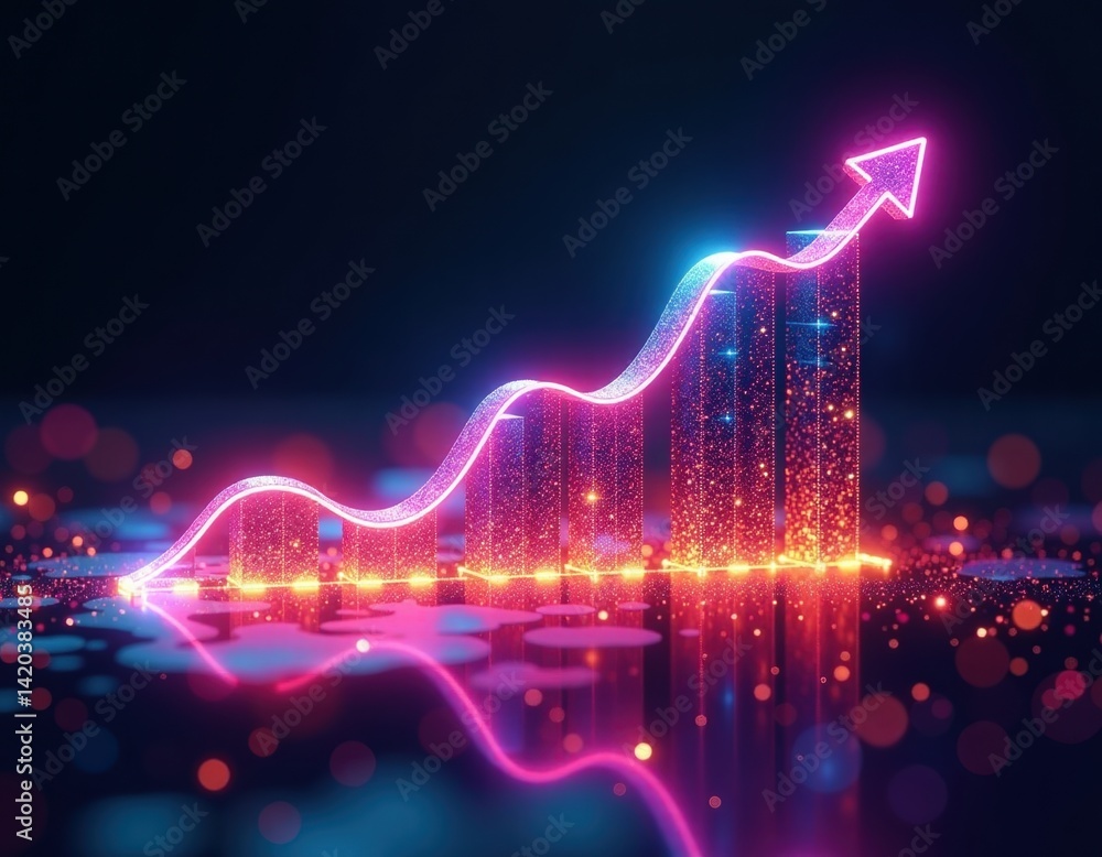 Neon Glowing Upward Trend Graph - Business Growth Success Concept