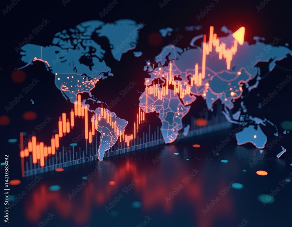 Global Stock Market Growth, World Map with Rising Candlestick Chart