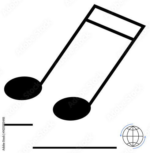 Two musical notes connect to a globe with fine abstract strokes. Ideal for themes thumbs up global culture, music streaming, creativity, communication, online learning, collaboration, flat simple