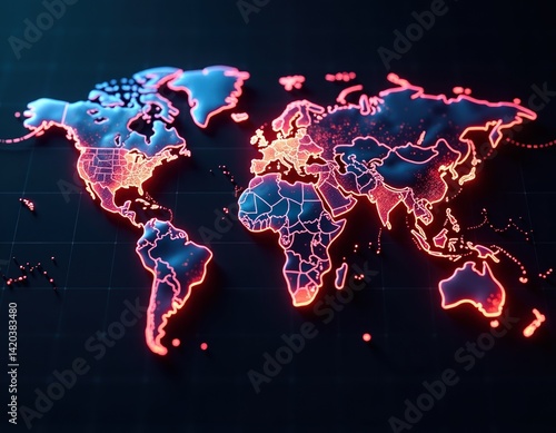 Obraz na płótnie Global Network, Illuminated World Map, Digital Earth, Futuristic Technology w salonie
