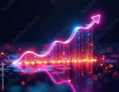 Neon Glowing Upward Trend Graph - Business Growth Success Concept