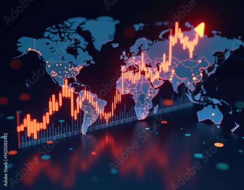 Obraz na płótnie Global Stock Market Growth, World Map with Rising Candlestick Chart w salonie