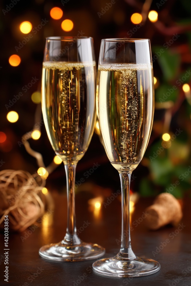 Toasting with champagne flutes on counter with string lights in background Toasting with champagne flutes on counter with string lights in background