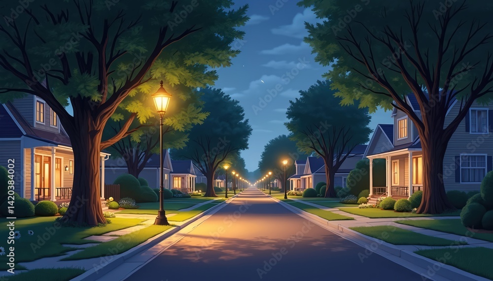 Fototapeta premium Peaceful night scene suburban street. Houses with soft exterior lights casting shadows, inviting nighttime atmosphere. Street lamps illuminate road, creating serene neighborhood scene. Tranquil