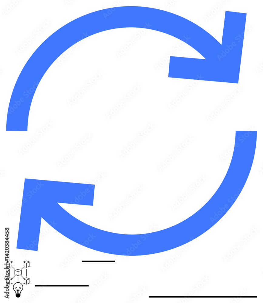 Two bold blue arrows forming a circle signify repetition, cycle, or renewal. Ideal for process, flow, improvement, recycle, iteration connection conceptual design. Flat simple metaphor Two bold blue arrows forming a circle signify repetition, cycle, or renewal. Ideal for process, flow, improvement, recycle, iteration connection conceptual design. Flat simple metaphor