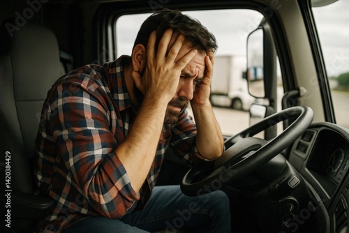 Male truck driver in plaid shirt showing frustration and stress, sitting in the cab of a parked truck with hands on head. Stressed truck driver sitting in vehicle cabin

