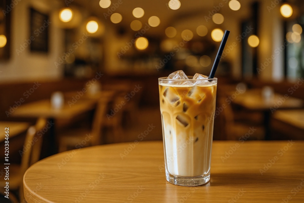 Cold iced latte with milk served in a clear glass with a straw, placed on a wooden table inside a cozy coffee shop.
Cold iced latte with milk served in a clear glass with a straw, placed on a wooden table inside a cozy coffee shop.