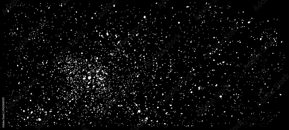 Black background with patches of white paint. Vector drops of paint are sprayed. The effect of dust, grain, and the starry sky. Grunge-style brushes, ink blots, dirty textures.  