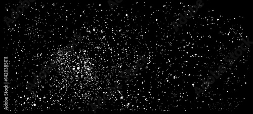 Black background with patches of white paint. Vector drops of paint are sprayed. The effect of dust, grain, and the starry sky. Grunge-style brushes, ink blots, dirty textures.  