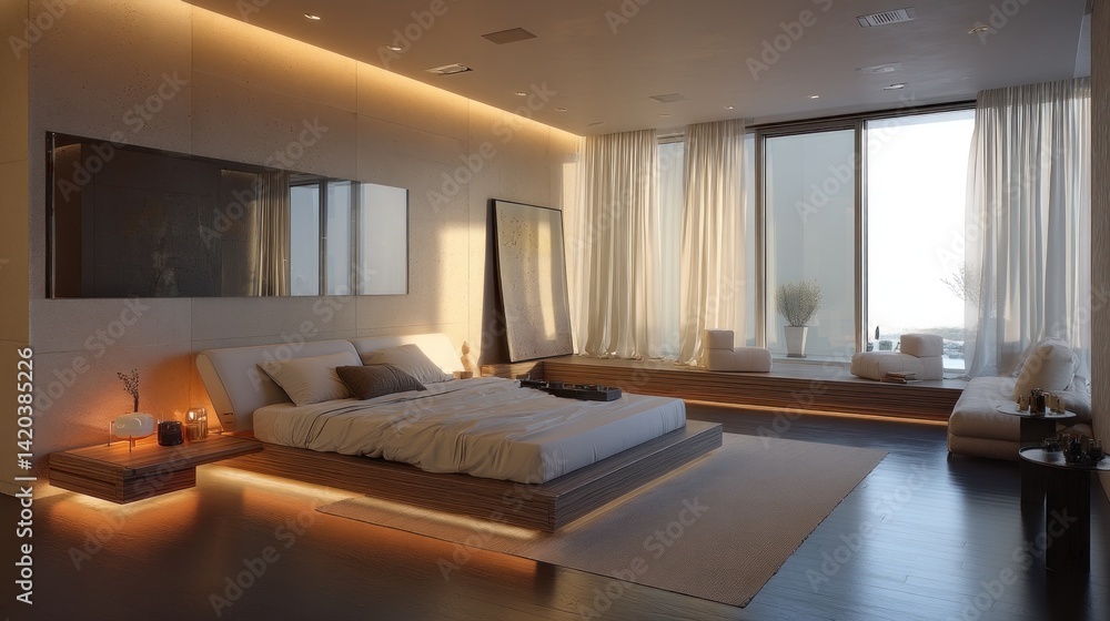 Modern bedroom with recessed lighting and floating side tables Modern bedroom with recessed lighting and floating side tables
