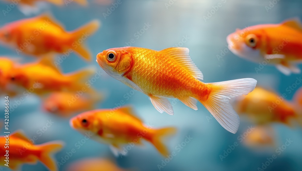 Goldfish swims serenely in tank; serene, graceful movement, clear water background Goldfish swims serenely in tank; serene, graceful movement, clear water background